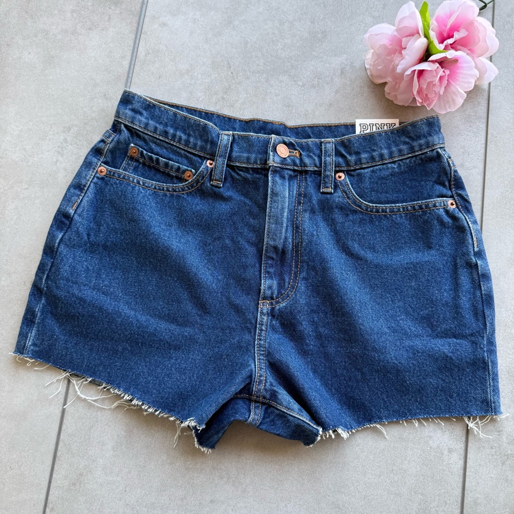 PINK Victoria's Secret Dark Blue Jean Cutoff Shorts SZ 27 high rise logo nwt